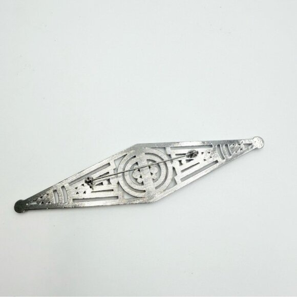 Vintage Silver Tone Art Deco Filigree Rhinestones Brooch Bar Pin - Picture 4 of 7